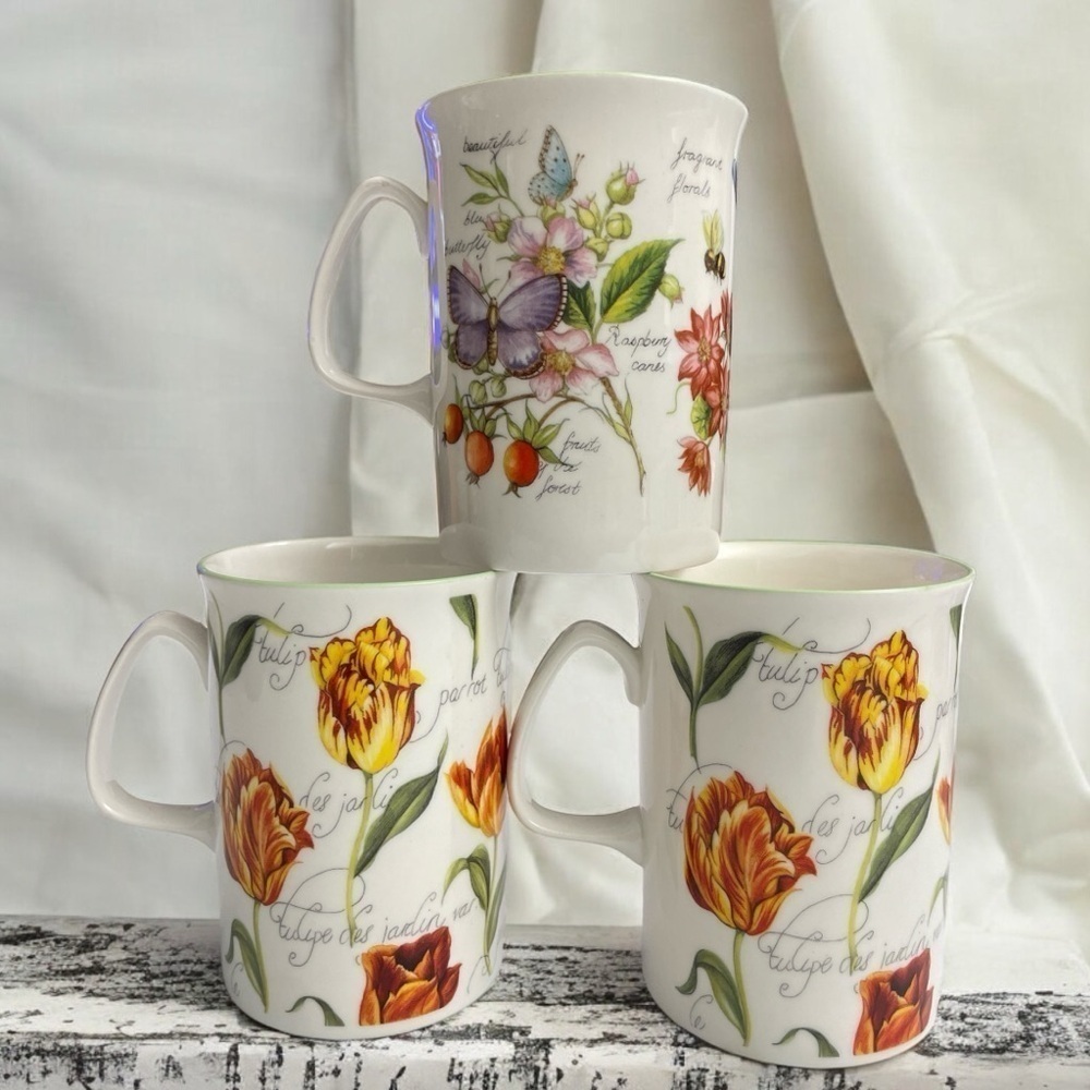 3 Rose of England fine bone china botanical mugs/cups birds butterflies floral